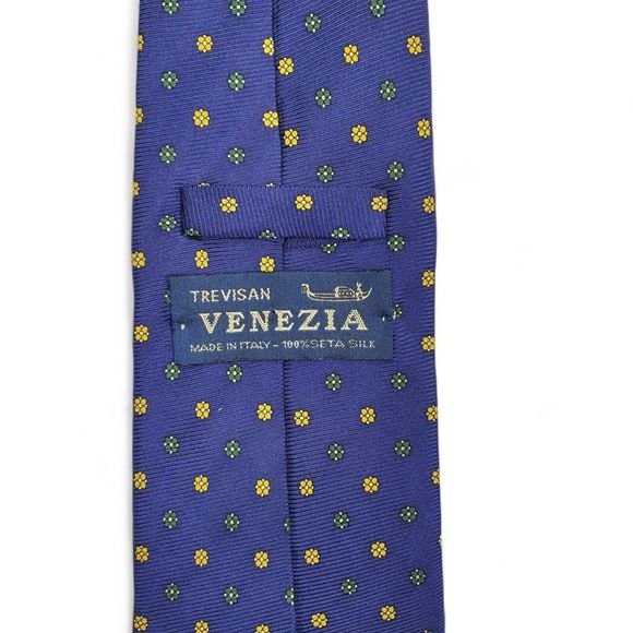 Trevisan Venezia 100% Silk Tie Blue Yellow Green Floral Polka Dot Made In Italy - Picture 5 of 8